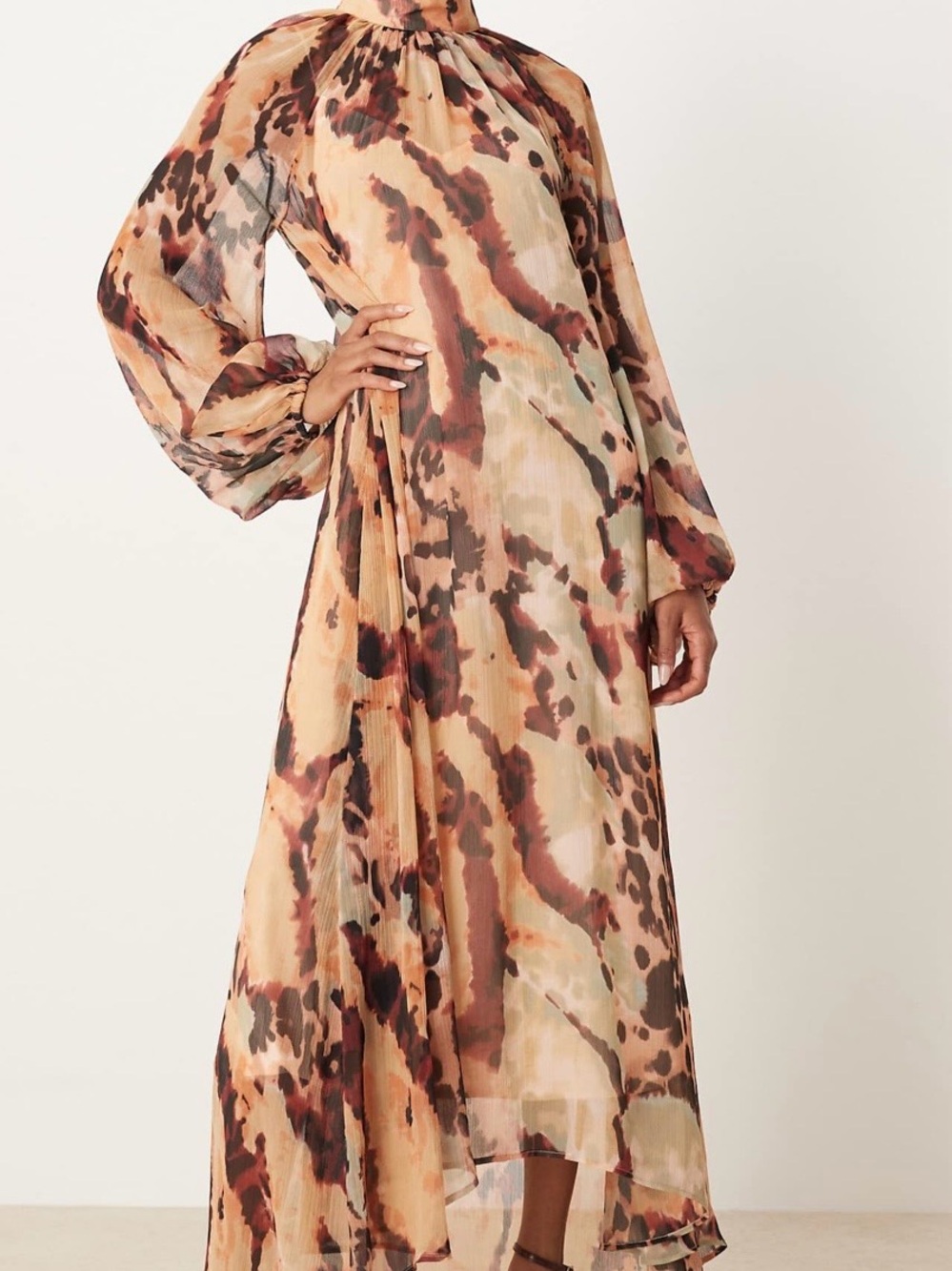 ASOS Long Sleeve Abstract Print Maxi Dress in Beige, Brown and Rust